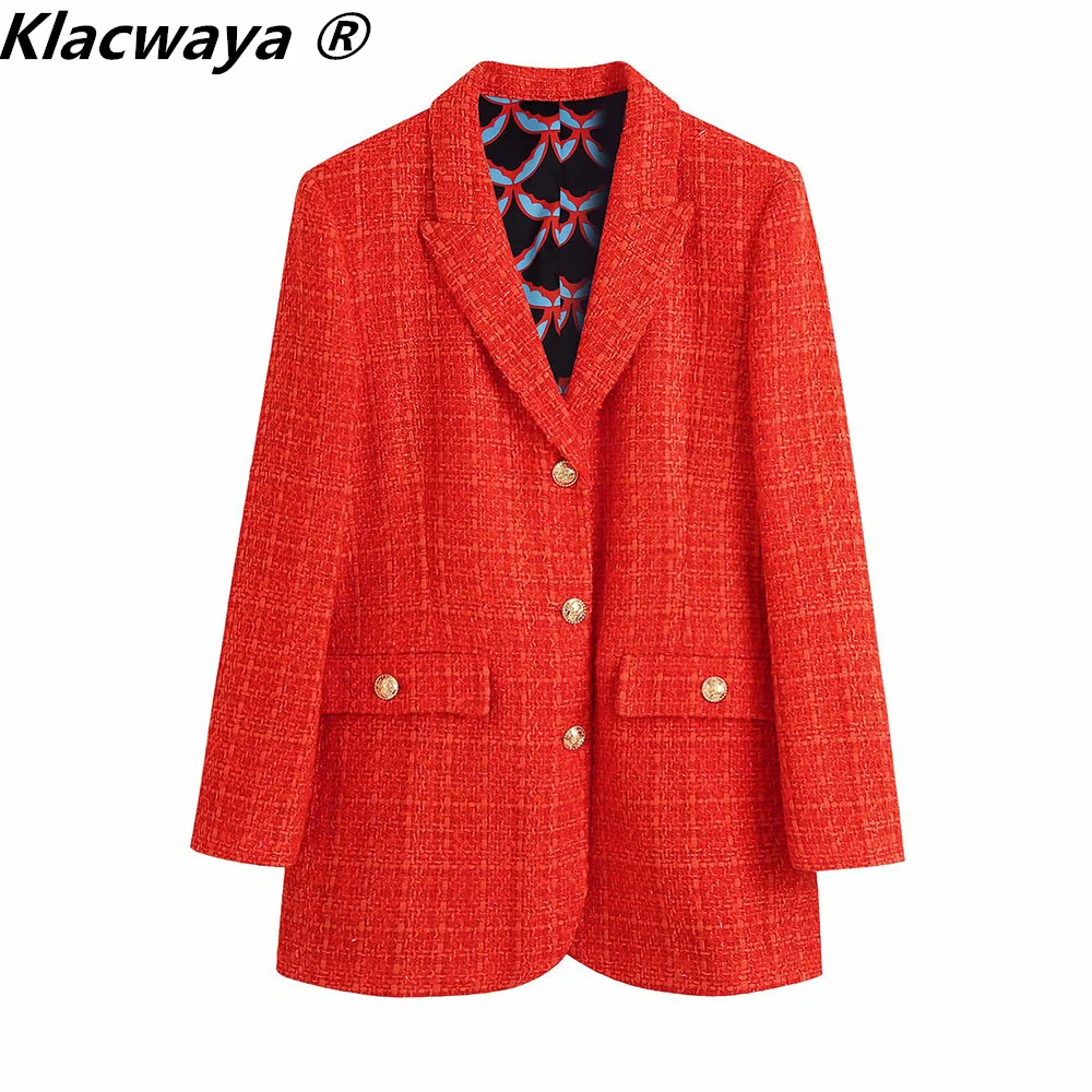 Klacwaya 2021 Women Fashion Two-Piece Set Vintage Print Lining Tweed Blazer Coat Female Front Slit Tweed Mini Skirt Chic Suit