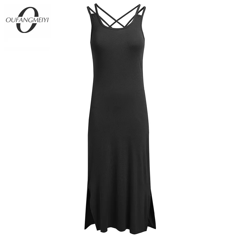 Estate donna moda tinta unita Cami abiti Casual vacanza dritto Maxi abito lungo con tasche EB656