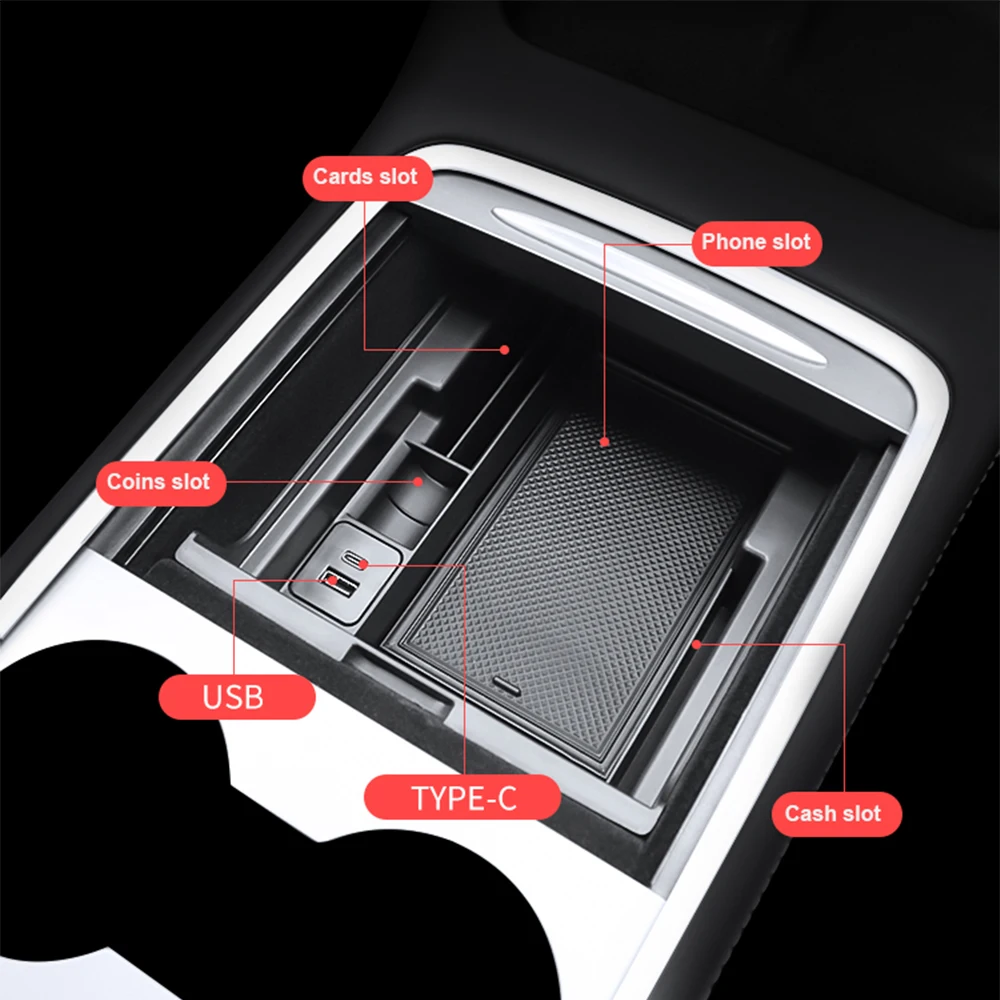 For Tesla Model 3 2021- 2023 Model Y 2020- 2024 Central Armrest Storage Box Organizer Center Console Flocking ABS Tray Organizer