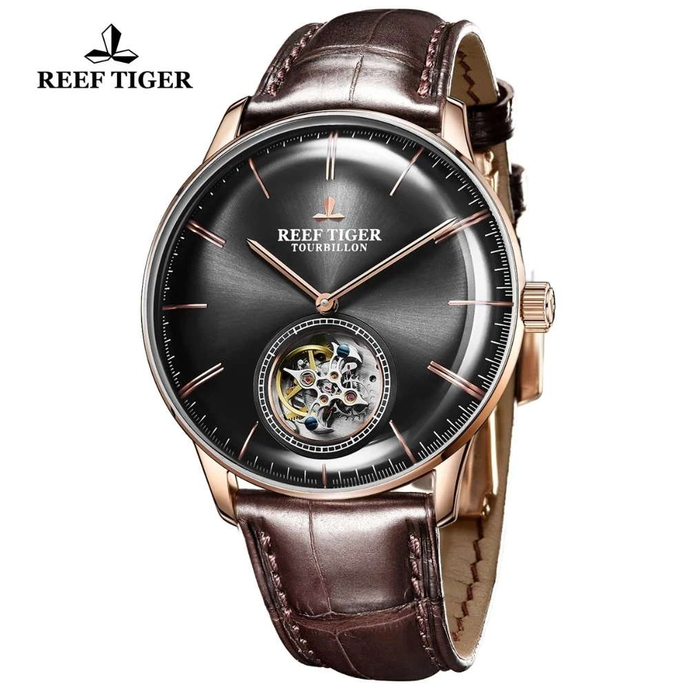 Reef Tiger/RT Business Men Rose Gold Case Clock Flying Tourbillon Automatic Mechanical Watch Sapphire Glass Waterproof Watch