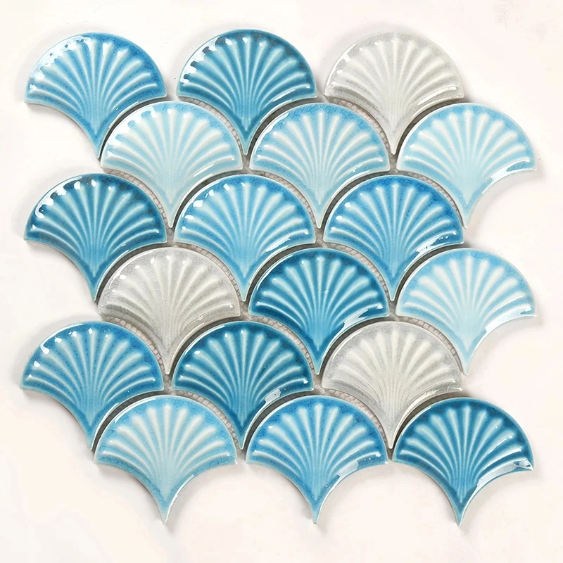 

Hot 11PCS blue fish scale ceramic mosaic tile kitchen backsplash bathroom pool wall tiles shower fan porcelain decoration