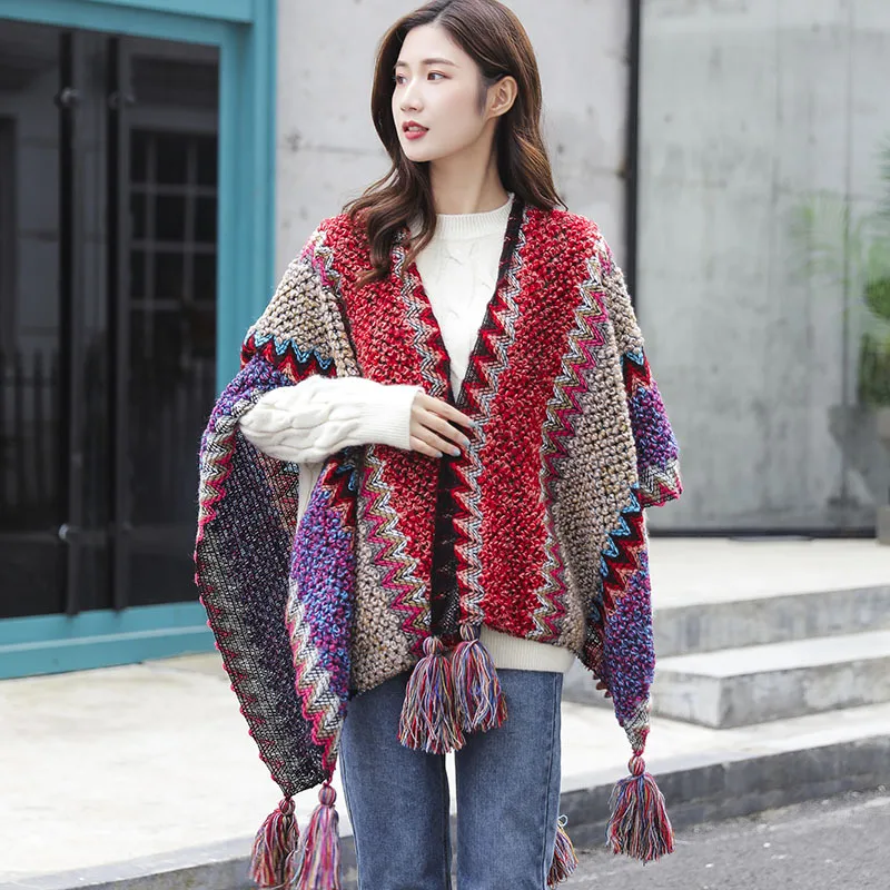 Ethnic Poncho New Style Brand Winter Tassel Scarf Hanging Ball Knitted Shawl For Women Foulard Pashmina