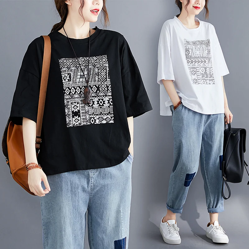 Summer Fashion Baggy Short Sleeve 100kg O-Neck Vintage Print Pattern t-Shirts Office Lady Loose Casual Pullover Tees Female