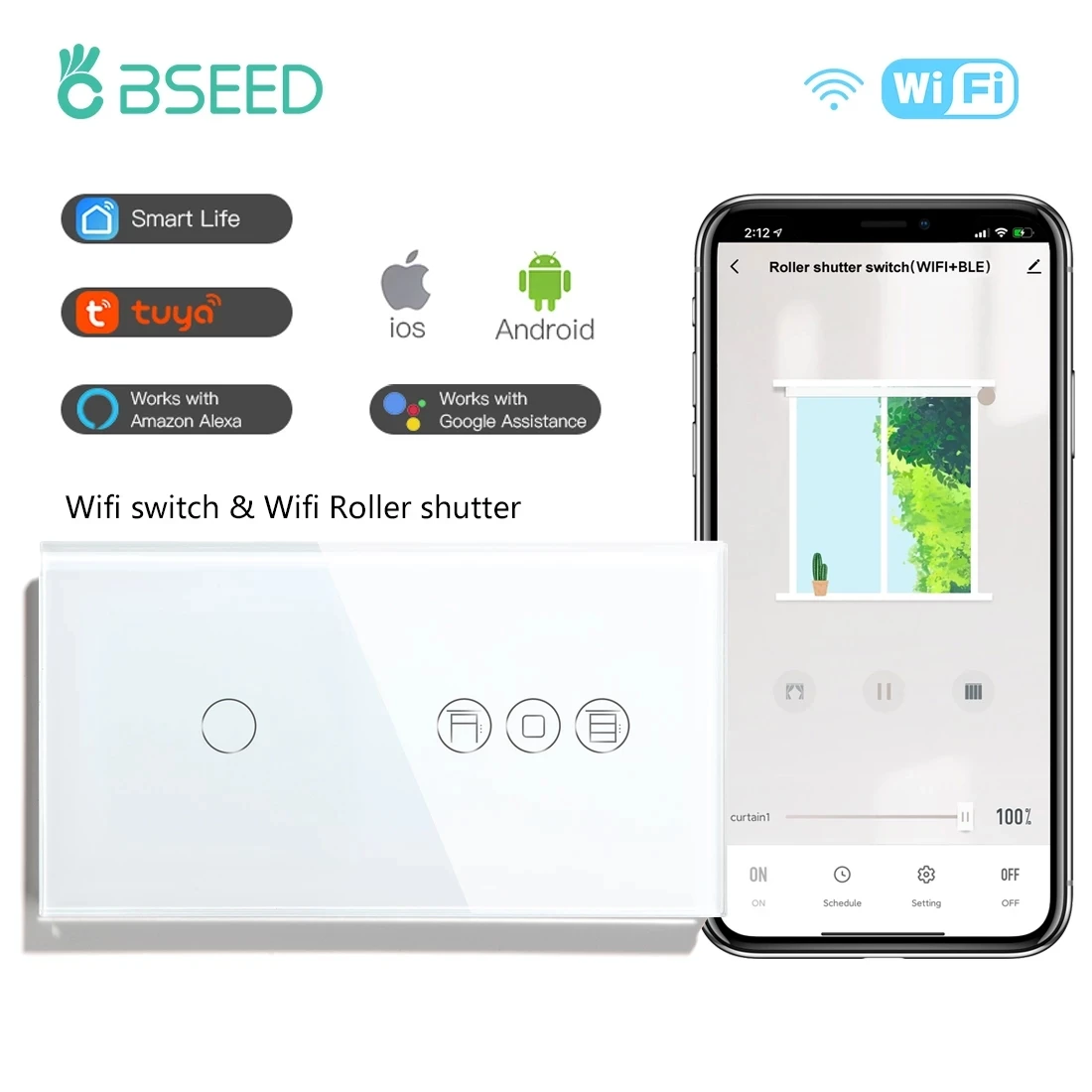 

BSEED Touch Wifi Roller Shutter Switch With 1/2/3Gang 1/2/3Way Smart Touch Light Switch Works With Alexa Echo Google Home