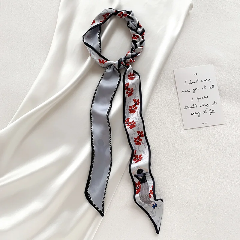 5X200CM Skinny Scarf French Fashion Imitation Silk Scarf For Women Hair band Flowers Printing Long Handbag Ribbon Pants Belt