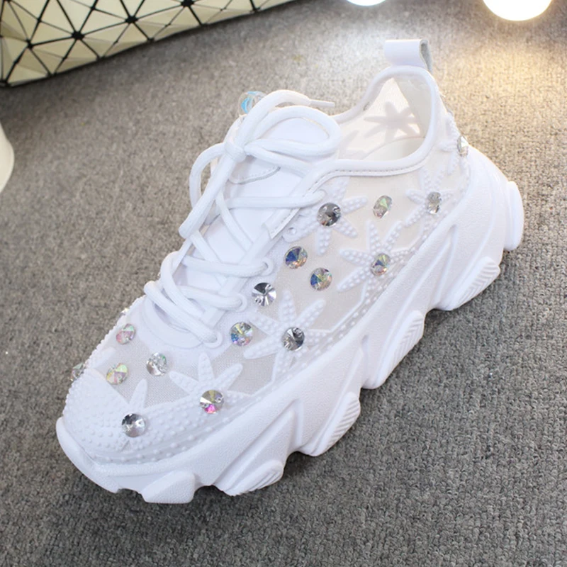 2021 Rhinestone Wedge Sneakers Women Trainers Dames Chunky  Platform  White  Casual Shoes Woman chaussures femme