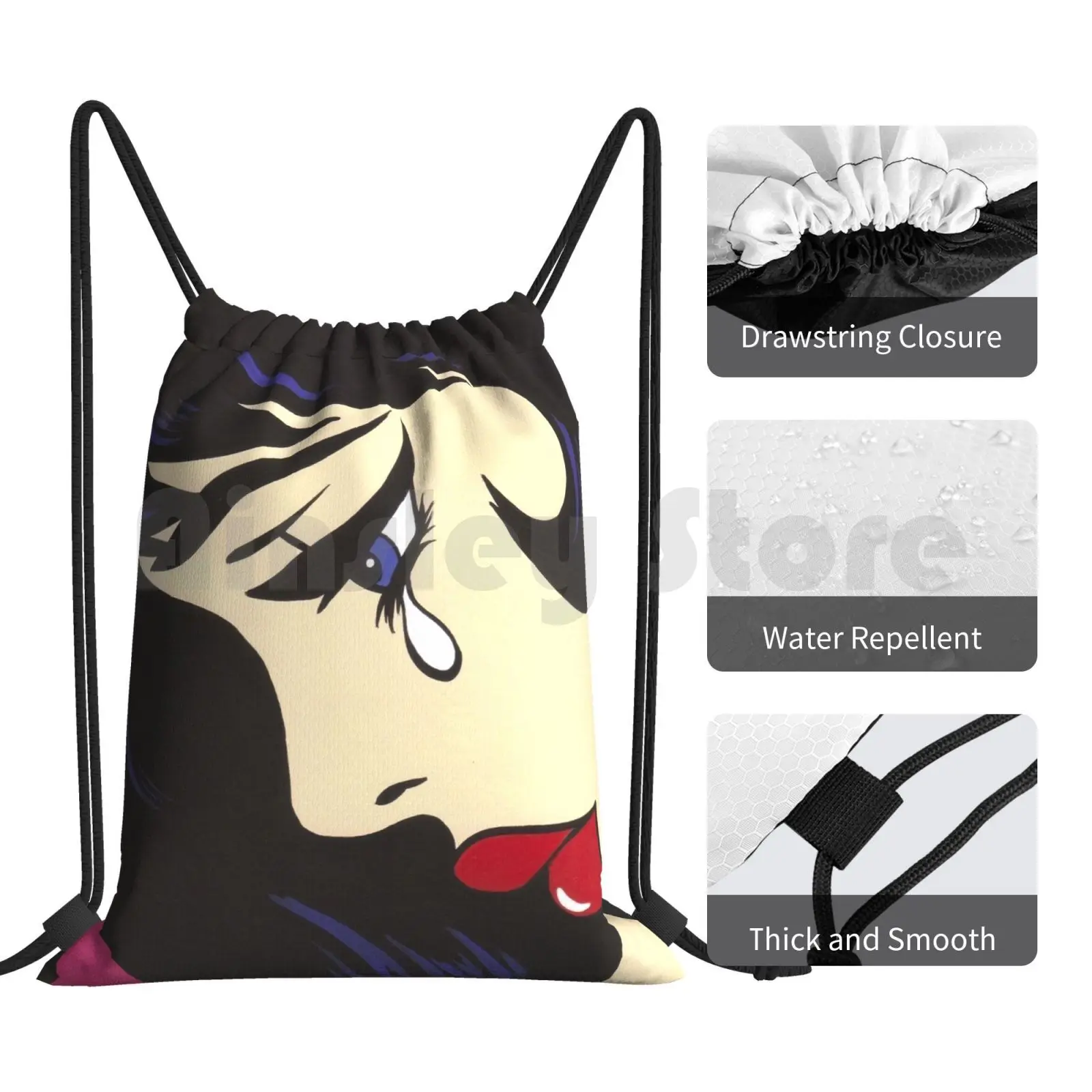 Black Curl Crying Comic Girl Backpack Drawstring Bag Riding Climbing Gym Bag Pop Art Comic Girl Comic Book Sad Girl Crying