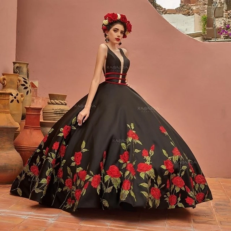 Meksykańskie vestido de 15 años 2020 czarne sukienki Quinceanera z haftem słodka 16 sukienka bufiasta spódnica vestidos de xv años