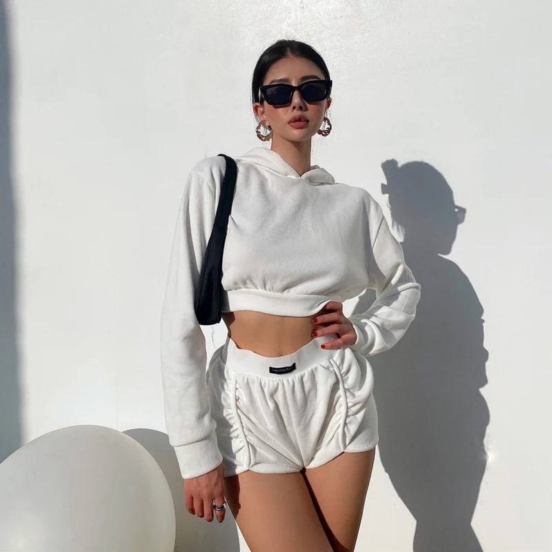 

Casual 2 Piece Set Women Outfit Long Sleeve Crop Top + High Waist Elastic Shirring Shorts Suit Tracksuit Femenino Two Piece Sets