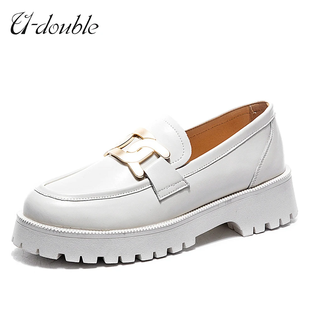 U-DOUBLE-zapatos de suela gruesa para mujer, zapatillas informales de cuero genuino, tendencia, color blanco, primavera, 2021