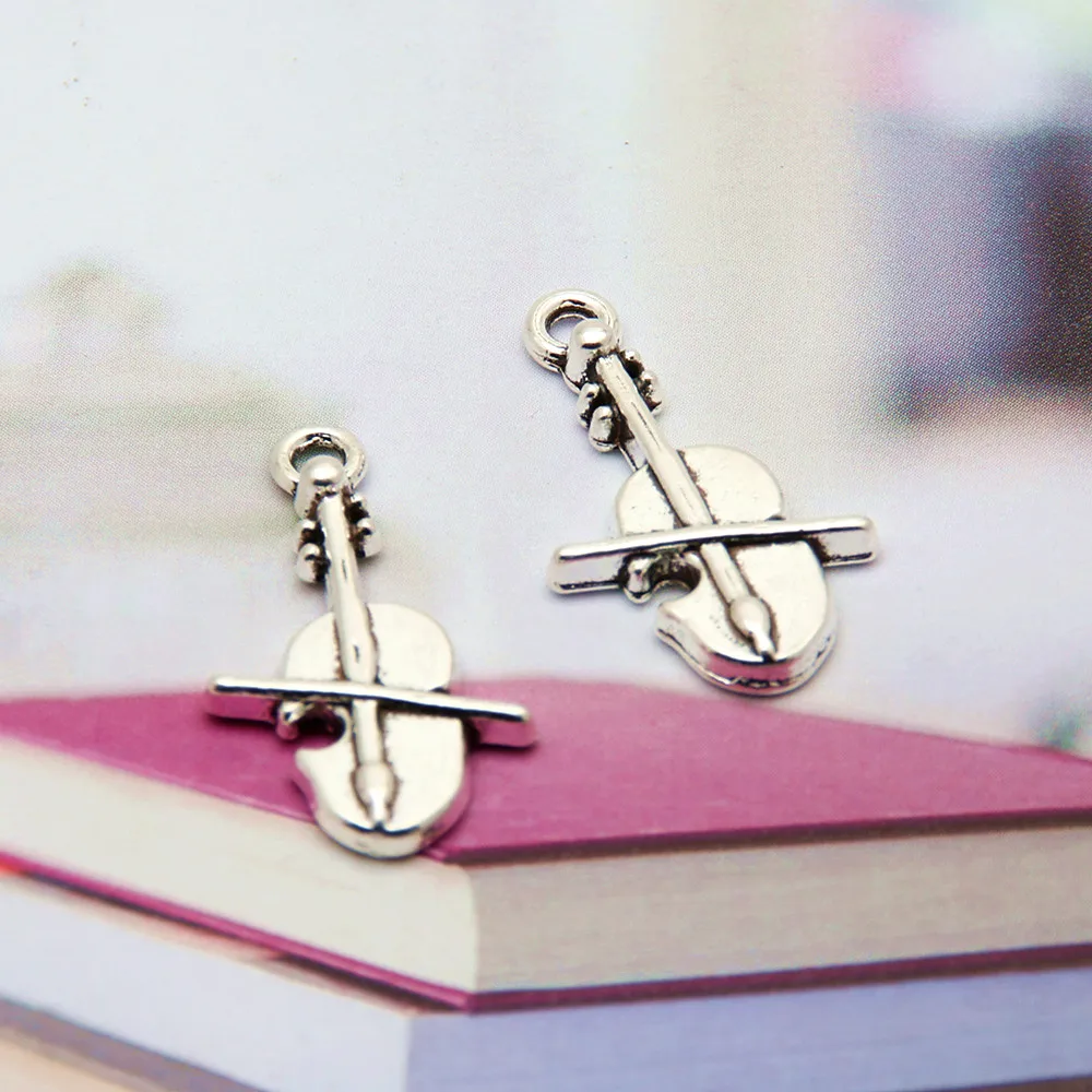 20pcs  Silver Color Cute Musician Violin Charms Making Musical Instrument Pendant Choke Earrings Jewelry 23X13mm A3401