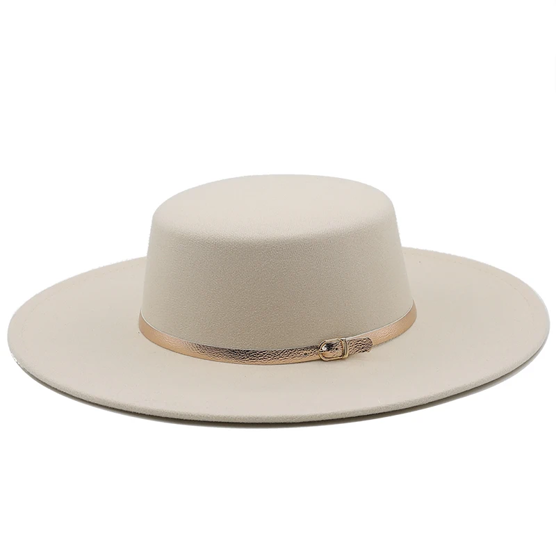 Sombrero de copa Derby de iglesia de ala ancha para mujer, sombrero de fieltro sólido Panamá con lazo, mezcla de lana blanca artificial, gorra de Jazz, 9,5 CM