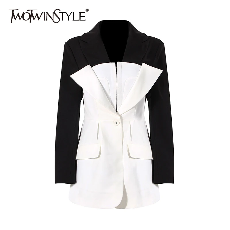 TWOTWINSTYLE Hit Color Casual Korean Blazer For Women Notched Long Sleeve Elegant Straight Blazers Female Spring Fashion Clothes