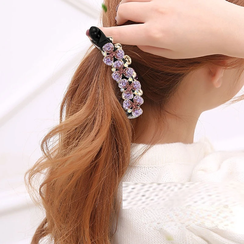 Korea New Flower Banana Hair Clip Fashion Ladies Ponytail Vertical Hairpin Paint Rhinestone Hairgrip Barrettes Women Headdress