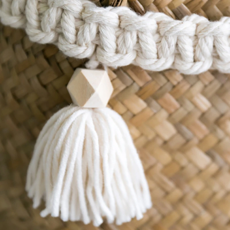 Boho Macrame Hand Woven Cotton Garland with Wooden Beads Tassel Belly Basket Decorations Home Wall Hangings Decor Craft