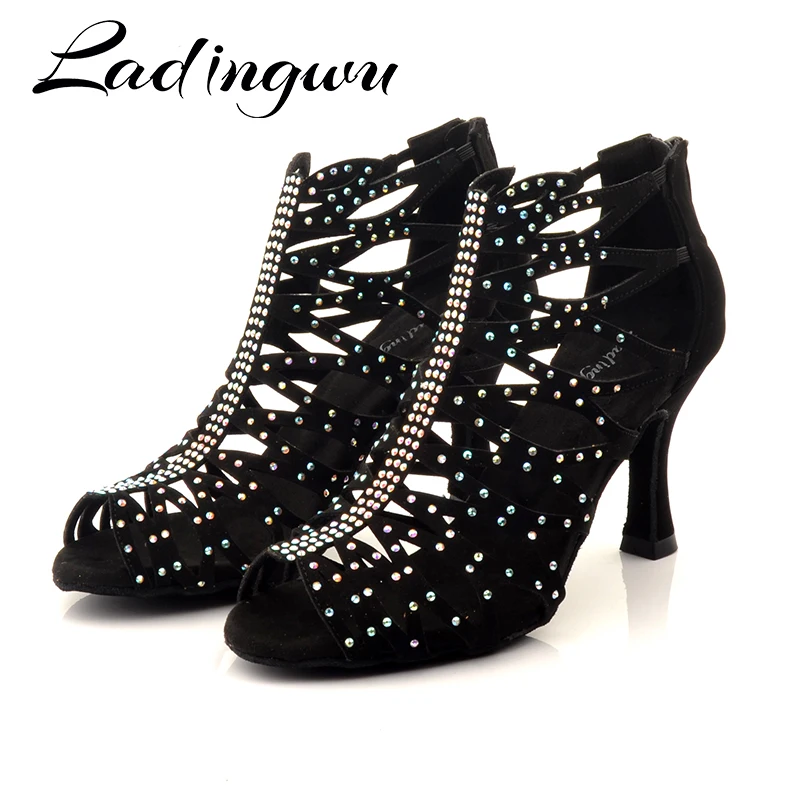 Ladingwu Suede Latin Dance Shoes  Boots Female Laser Rhinestone Dance Shoes Adult Girls Ballroom Tango Latin Shoes Dancing Boots