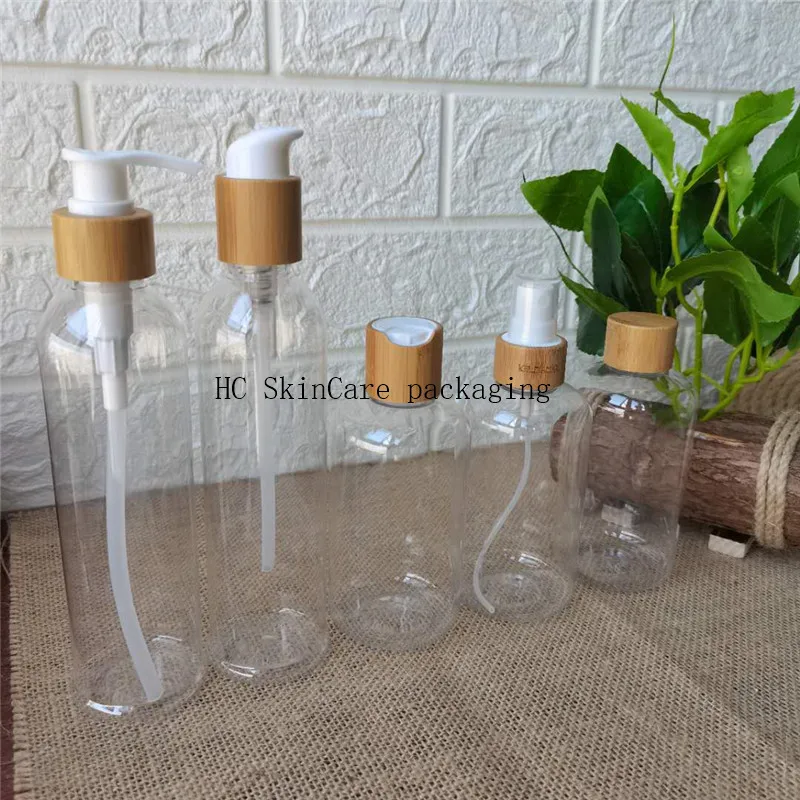 60ml 120ml 150ml  mist spray bottle pet  clear plastic bottle sprayer for cosmetic with bamboo wood cap lotion pump dispenser