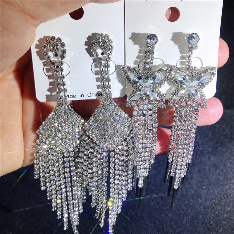 Wholesale 12 Pairs/Lots Bulk Crystal Zircon Long Tassel Earrings Big Drop Dangle Wedding Bridal Big Earrings for Women Jewelry