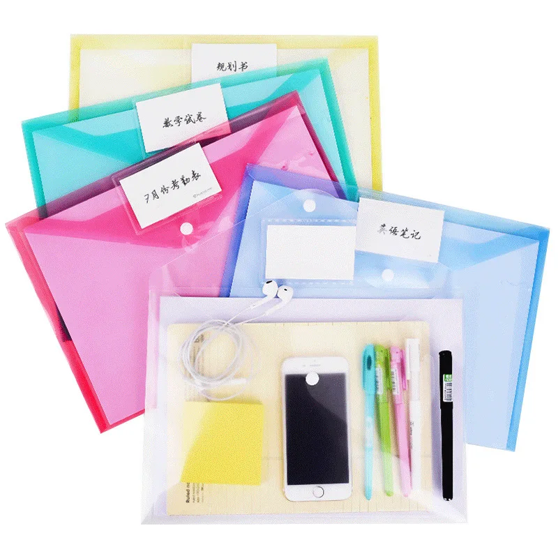 

10 Pcs/Set Snap File Bag Plastic 16C A4 Paper Storage Folder PP Transparent Portfolio Policy Briefcase With Label + Fix Pen Hole