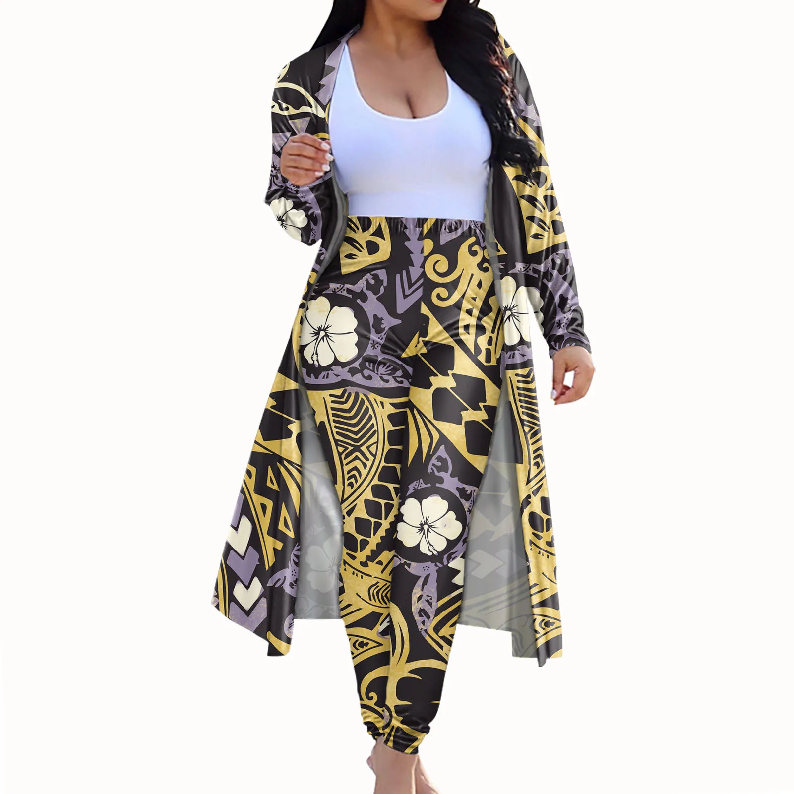 OEM Samoa Polynesian Tattoo 2 piece Set Outfits 2020 Pants Long Sleeve Cardigan + High Waist Tight Leggings Pant Suit Outfits