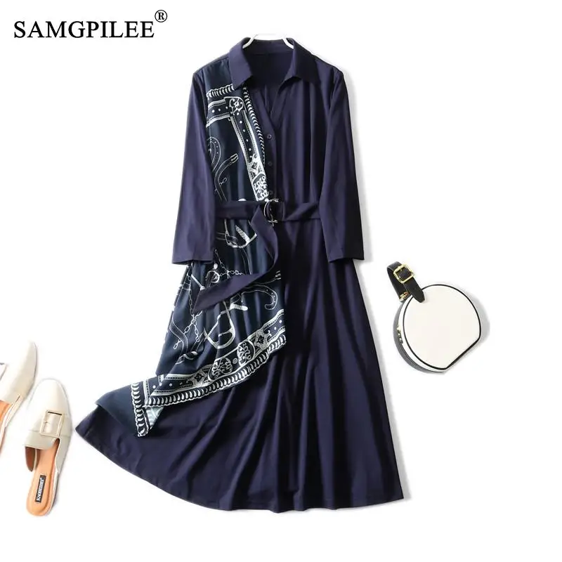 

Dress For Women 2021 New Fashion Light Luxury Retro Fake Two Piece Lapel Slim Three Quarter Sleeve Print Belted Woman Dresses