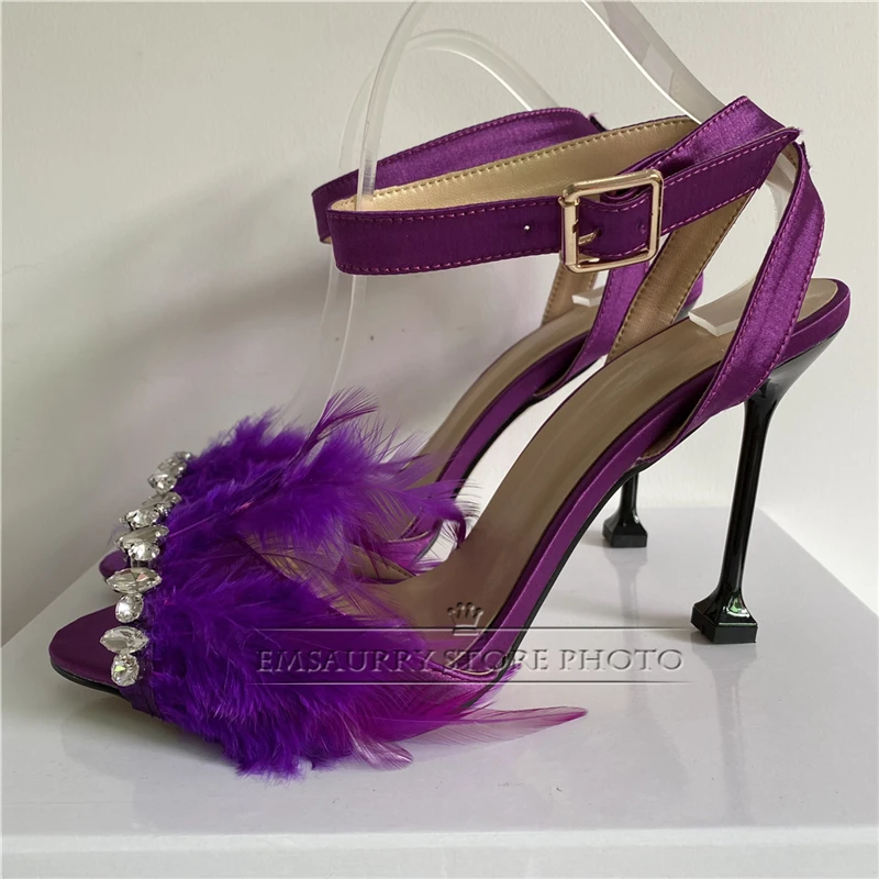 Sexy Summer 2024 Jeweled Feather Sandalias Mujer Unique Goblet Heel Open Toe Ankle Strap Luxury Satin High Heel Sandals Women