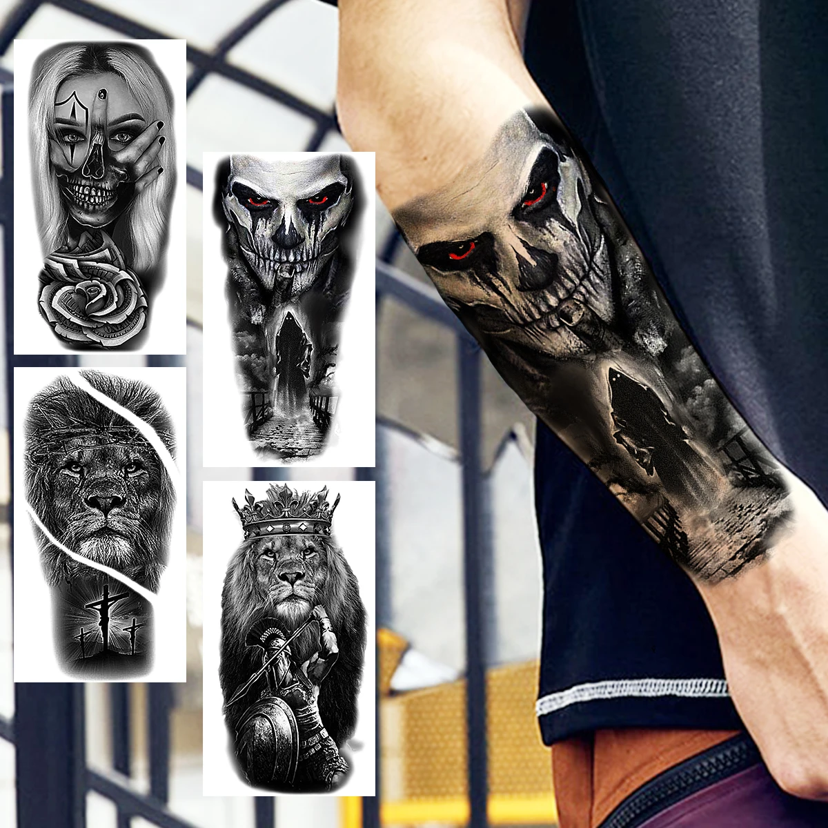 Halloween Clown Joker Scary Temporary Tattoos For Men Women Realistic Scary Lion Waterproof Tattoo Forearm Tatoos Vampire