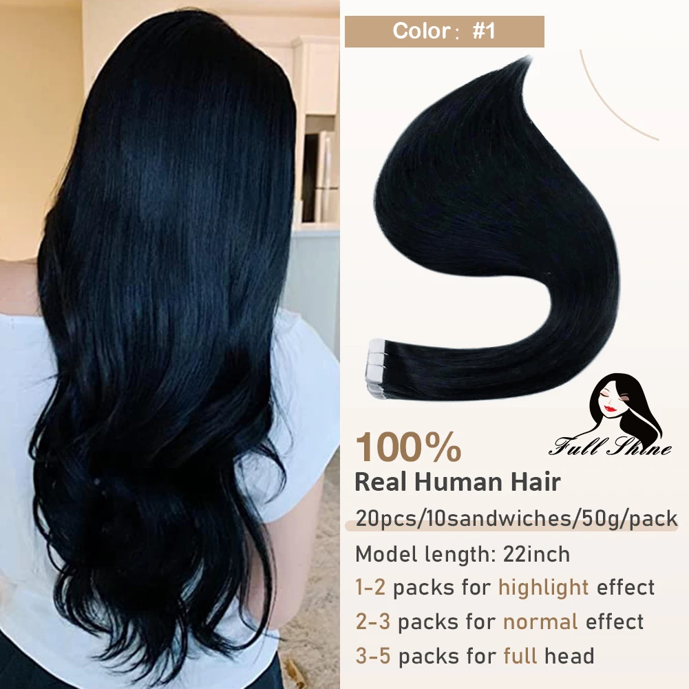 Full Shine Tape In Echthaarverlängerungen, schwarze Frauen, 100 % echtes Remy-Echthaar, Hautschuss, selbstklebender Kleber für Salon, hohe Qualität