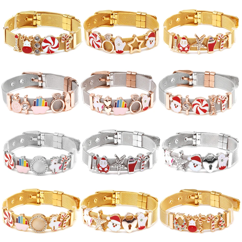 New Arrival Christmas Series 10mm Gold Color Stainless Steel Mesh Bracelets With Santa Claus Beads For Women Christmas Gift