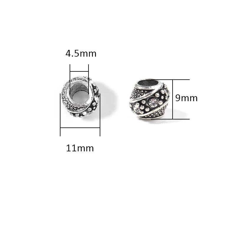 10pcs Alloy Hollow Inlay White Diamond 11x9mm With 4.5mm Big Hole Beads For DIY Jewelry Making Pendant Bracelet Accessories