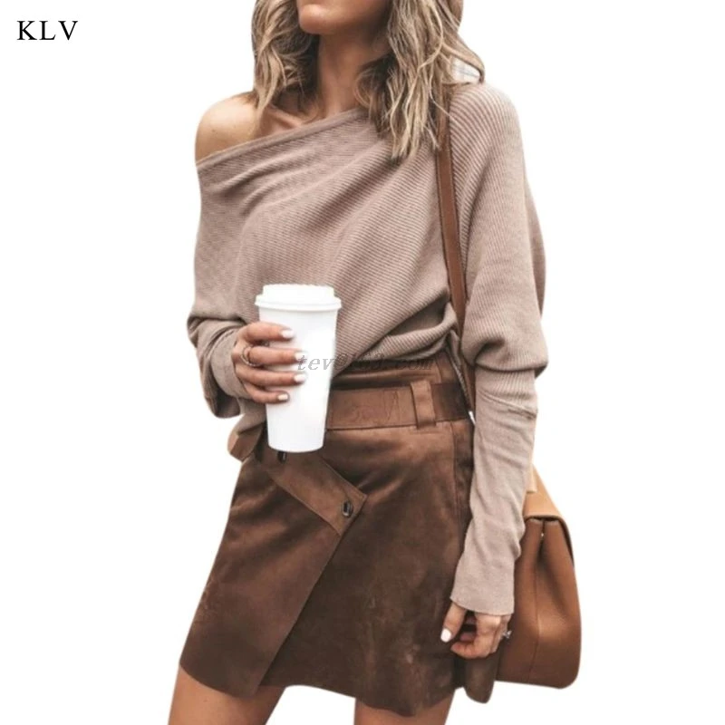 Womens Autumn Spring Off Shoulder Sweater Long Batwing Sleeves Solid Color Knitted Pullover Tops Loose Casual Knitwear Jumper