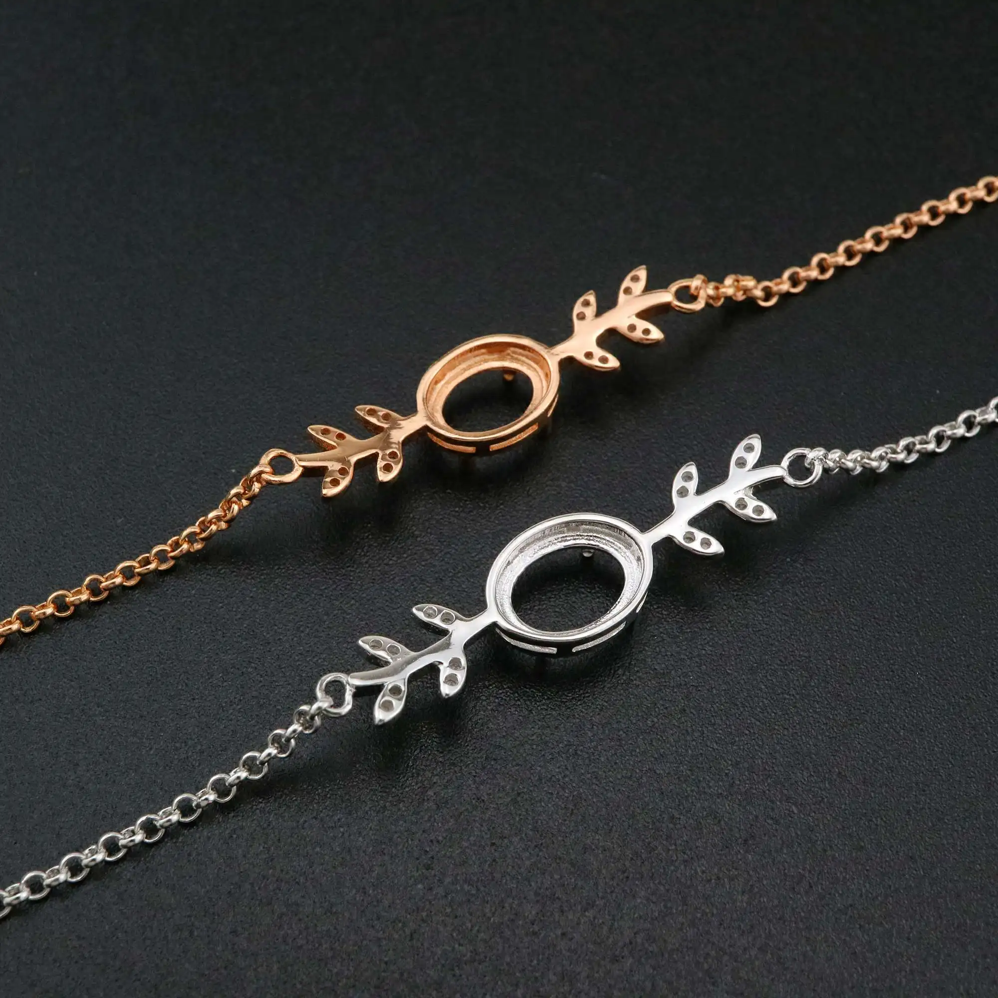 1Pcs Oval Prong Bezel Bracelet Settings Tree Branch Rose Gold Plated Solid 925 Sterling Silver Tray for Gemstone  1900243