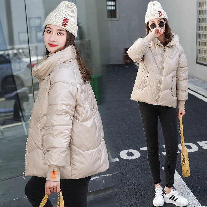 2021Women New Fashion Down Padded Jacket Female Winter Pure Color Zipper Korean Short Shiny Thickened Loose Padded Jacket A195Ch