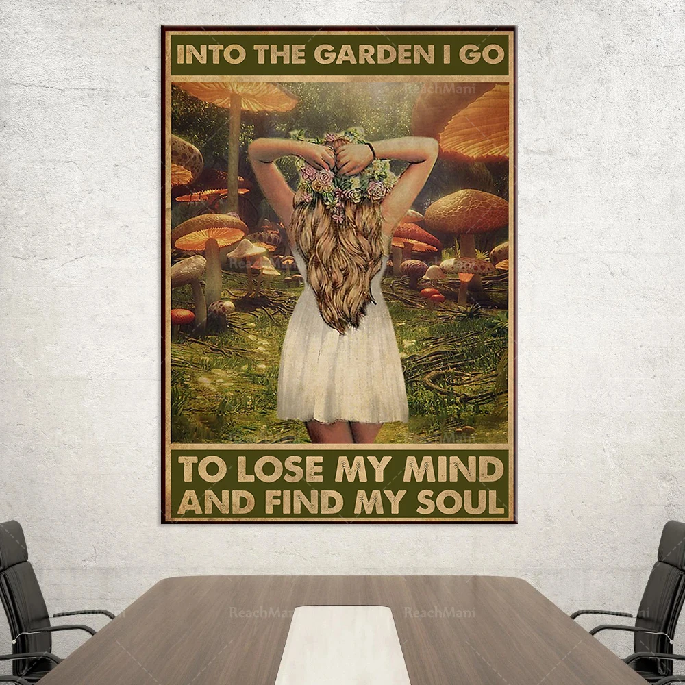 Gardening girl soul poster in the garden mushroom hunting mycology decoration poster