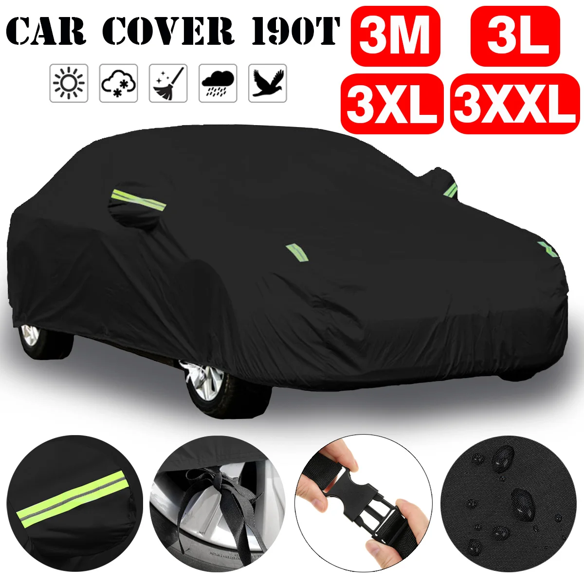 Black 210D 190T Full Car Cover Waterproof Anti Snow Cover Sun Shade Anti UV Dustproof Universal Auto Exterior Styling M/L/XL/XXL