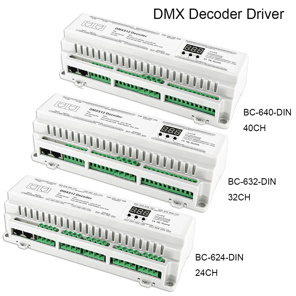 DC12V-24V DIN Rail 24CH 32CH 40CH DMX512 Constant Voltage PWM Decoder Drive RJ45 Terminal Block BC-624-DIN BC-632-DIN BC-640-DIN