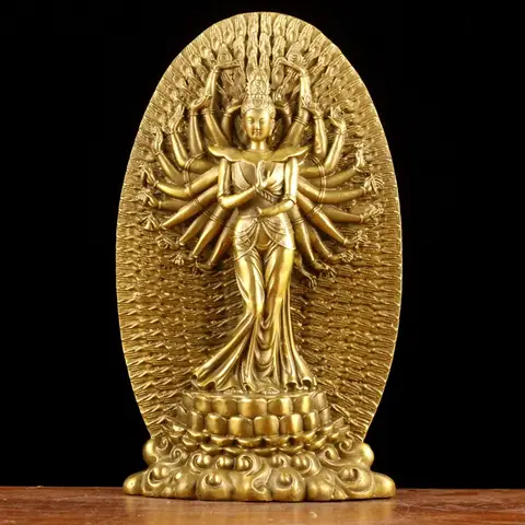 Cobre Puro Avalokitesvara Buda Ornamentos, Mil Mãos Guan Yin Bodhisattva Casa Artesanato Estatueta, Estátua Guanyin