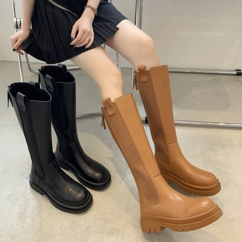 Women Knee High Boots  leather fashion winter boots 2021 Autumn long boots Tmedium heel Motorcycle Boots Woman High Boots