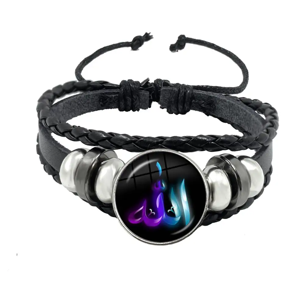 Muslim Islamic Allah Symbol Black Leather Button Bracelet Islam Arabic Glass Cabochon Jewelry For Women Men Religious Gift