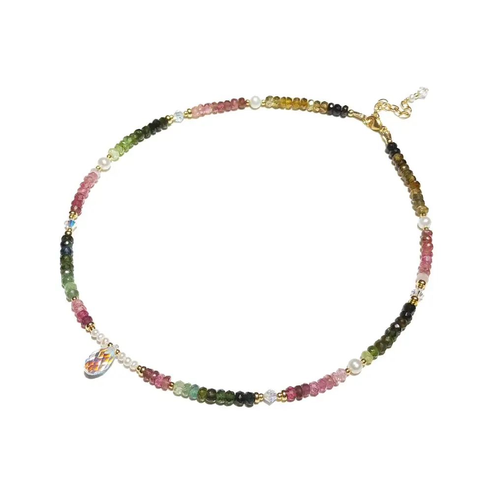 

Lii Ji Natural Rainbow Tourmaline Freshwater Pearl Austria Crystal 14K Gold Filled Necklace 37cm+4cm October Birth Stone Gift