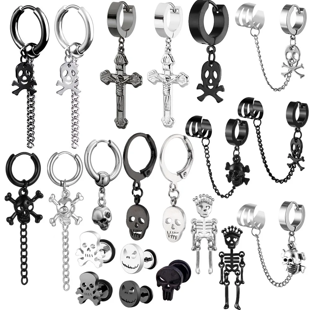 1 Piece Punk Rock Round Earrings Fashion Stainless Steel Ear Ring Skull Surgical Steel Earrings for Men Women Pop Ear Piercing