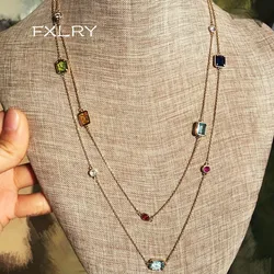 FXLRY Multicolor Zircon 104cm Long Crystal Necklace 18KGP White CZ Women's Charm Sweater Chain Free Shipping