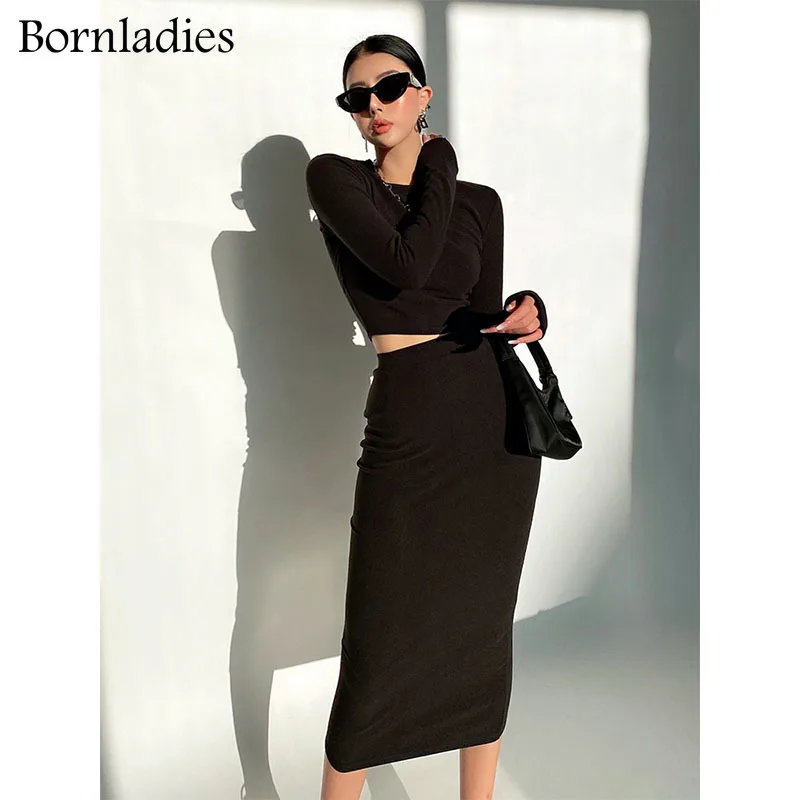 Bornladies 2022 Women Slim Tracksuits Short T Shirt & Elastic Waist Length Skirts Sets Female Sexy Skinny 2 Pieces Sets