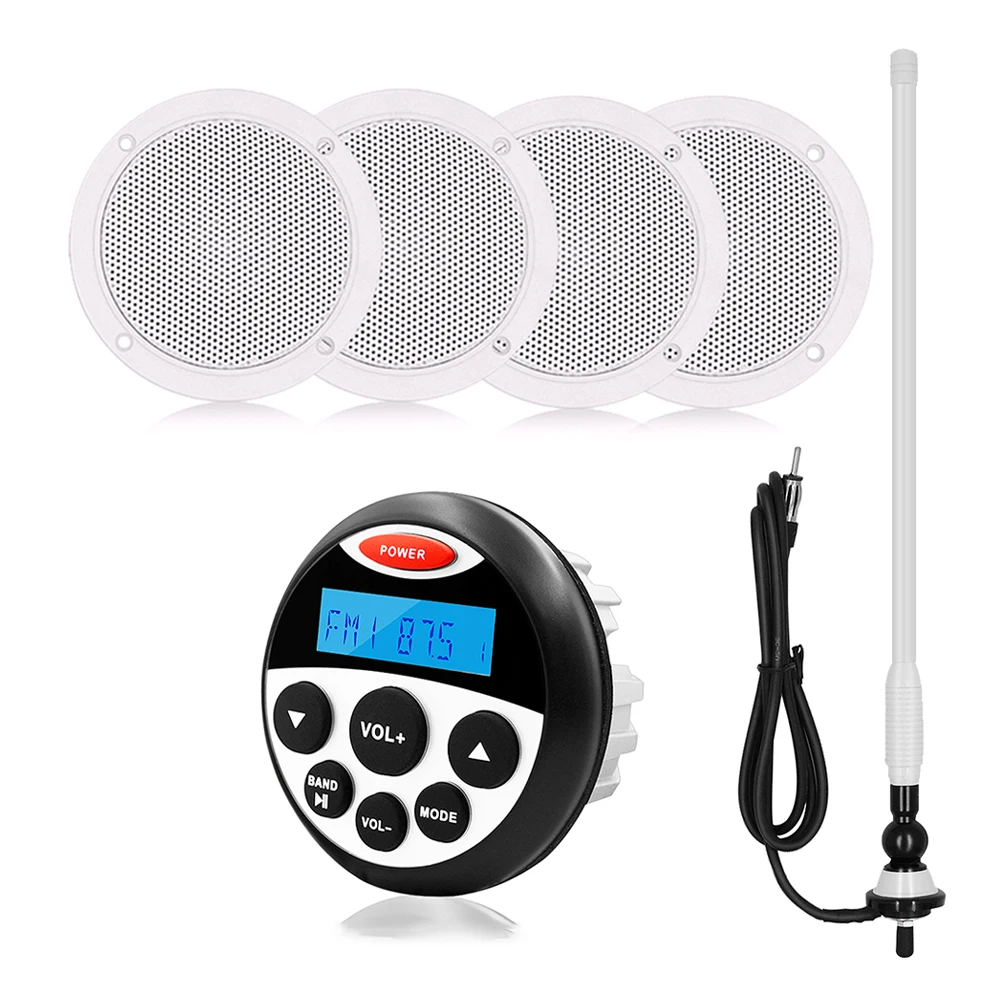 

Marine Stereo Bluetooth Radio Audio Receiver Car MP3 Player+2 Pair 4inch Marine Waterproof Speaker+FM Antenna For ATV Motorcycle