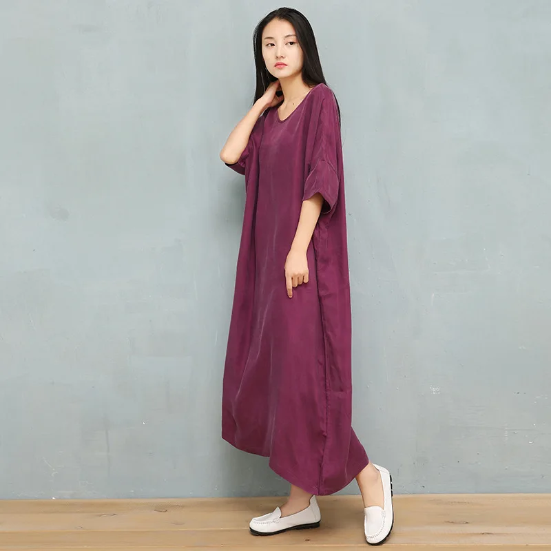 NINI WONDERLAND Summer Dress Female Cupro And Silk Classic Dress 2021 Women V Neck Batwing Sleeve Loose Dresses Brief Large Size