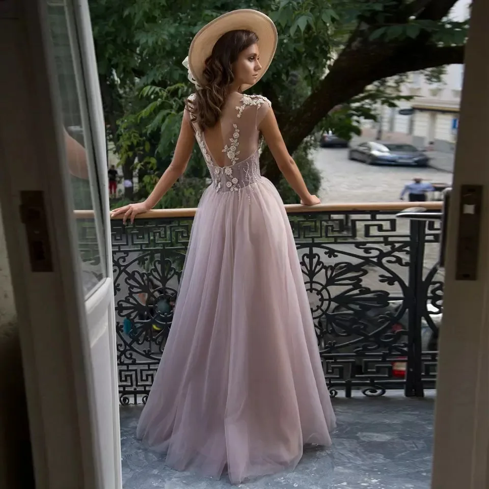 Elegant Evening Dresses 2021 Sheer คอหมวก Lace Appliques Sequins Tulle พรรคพรหมชุด Backless A-Line ความยาว