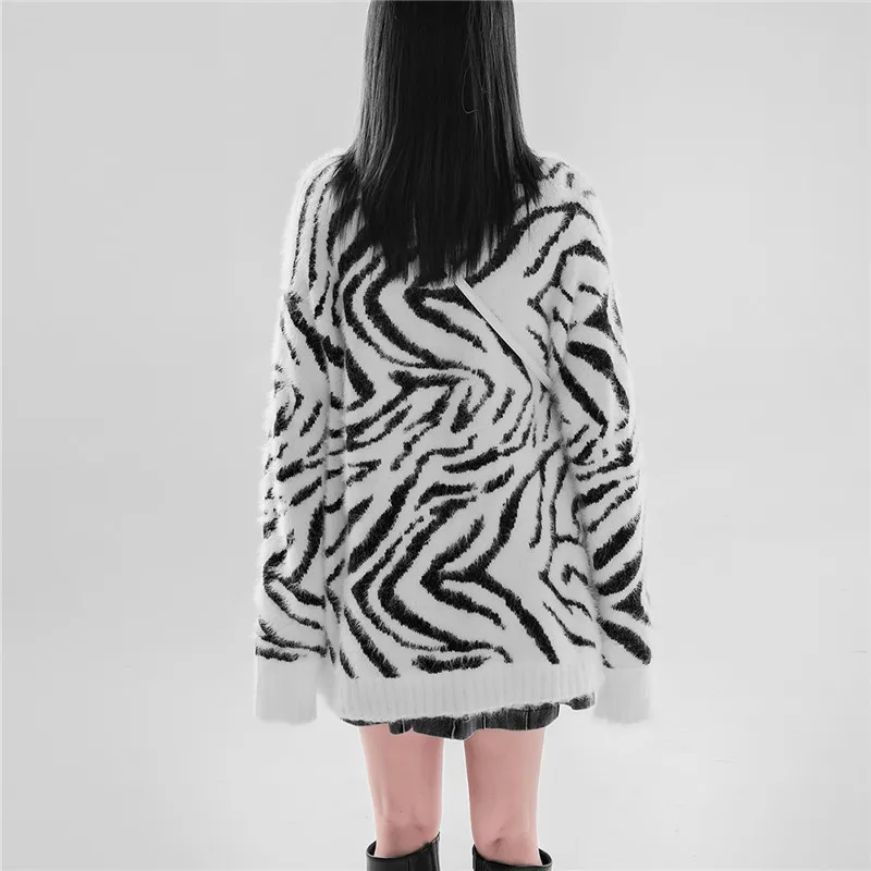 Zebra Print Fashion Mohair Knitted Sweater Jacket Women Cardigan Coat Autumn Winter Thick Warm Knit Coat Female Loose Sweaters