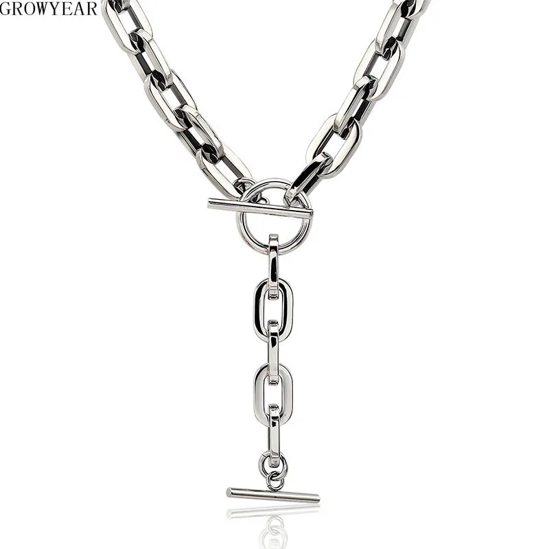 Gold Stainless Steel Link Chain Choker Necklace Long Circle Bar Design with Toggle Lock Statement Collar Accessory