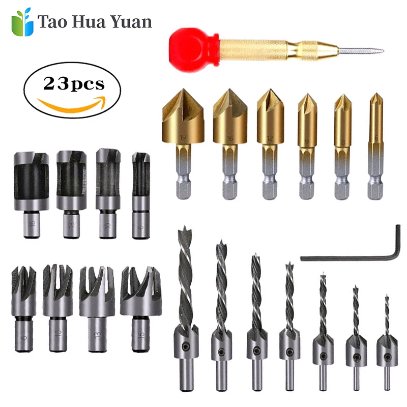 23Pcs/Set  Woodworking Chamfer Countersink Drill Bit 1/4 Inch Hex 5 Flute 3 Pointed Wood Plug Cutter Automatic Center Pin Punch