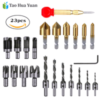 23Pcs/Set  Woodworking Chamfer Countersink Drill Bit 1/4 Inch Hex 5 Flute 3 Pointed Wood Plug Cutter Automatic Center Pin Punch